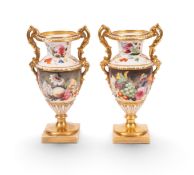 A pair of Minton two-handled vases, c.1830, painted possibly by Thomas Steel with panels of fruit an