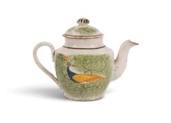 A small Pratt ware teapot or saffron pot, c.1800, painted with the Peahen pattern with the long-tail