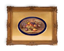 A Royal Worcester oval plaque by Richard Sebright, date code for 1920, painted with a basket of frui