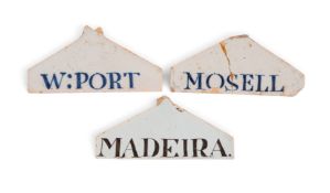 Three delftware bin labels, c.1770-90, of coathanger form, one titled in manganese with 'MADEIRA', t
