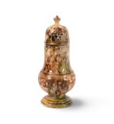 A creamware sugar sifter or caster, c.1760, the baluster form decorated in a Whieldon glaze with str
