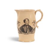 A Wedgwood creamware commemorative jug, c.1761, printed in black by Sadler with a head and shoulders