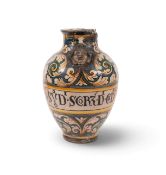 A Montelupo syrup apothecary jar, late 16th/early 17th century, the tall ovoid shape inscribed with 