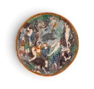 A School of Palissy circular dish or low tazza, 17th century, moulded in relief with Perseus attacki