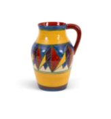 An 'Original Bizarre' Clarice Cliff single-handled Lotus jug, boldly decorated with a geometric band