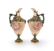A pair of Royal Worcester ewers, date codes for 1896, of shape 1742, the body painted with blown pin