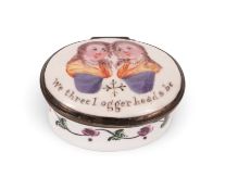 A South Staffordshire enamel comic patch or small snuff box, c.1780, of oval form, painted with two 