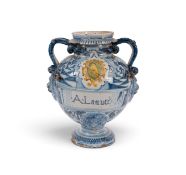A Savona or Albisola (Ligurian) armorial maiolica stagnone jar, late 17th century, painted with the 