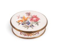 A gilt metal mounted Birmingham enamel snuff box, c.1780-90, the oval form printed and coloured with