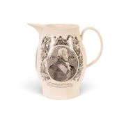 A rare commemorative creamware jug relating to the Treaty of Amiens, c.1801, printed in black to one