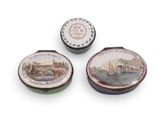 Three English enamel patch boxes, c.1780-1800, two topographical and printed with town views, one ti