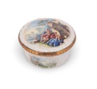 An enamel snuff box, c.1780-90, the circular form painted to the top with a shepherd and his compani
