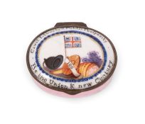 A rare South Staffordshire enamel patch or snuff box of political significance, c.1801, painted with
