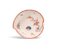 A large Bow leaf dish, c.1758-60, the deep form painted in Kakiemon enamels with the Two Quail patte
