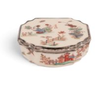 A silver-mounted Saint Cloud snuff box, c.1745, the shaped form painted in Kakiemon enamels with two