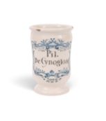 A small French or Northern Italian faïence drug jar or albarello, c.1740, inscribed in black with 'P