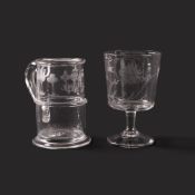 A glass mug or tankard, c.1780, the slightly tapering form engraved with the initials JTC flanked by