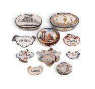 Two English enamel snuff boxes and a patch box, c.1770-90, the larger snuff box decorated with raise