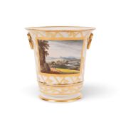 A Derby câchepot and stand, c.1800-10, painted with a figure on horseback riding along a winding tra