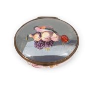 A small Bilston enamel snuff box, c.1760-80, the oval form moulded in relief with a bird perched on 