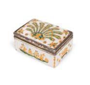 A Continental enamel snuff box, mid 18th century, with silvered metal mounts, decorated possibly in 