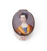An English enamel patch box, c.1770, probably South Staffordshire, the oval form painted with the po