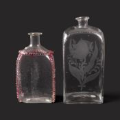 Two Continental glass flasks, 18th century, one Dutch, the flattened rectangular form engraved with 
