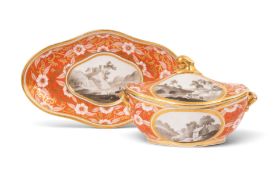 A Spode sauce tureen with cover and stand, c.1810, the elongated quatrefoil form painted with en gri