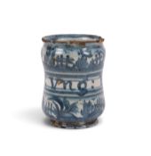 A Savona or Albisola maiolica pill or small ointment jar, 17th century, the small waisted form paint