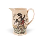 A rare commemorative creamware jug, c.1801, printed in black and decorated in colours with a Highlan