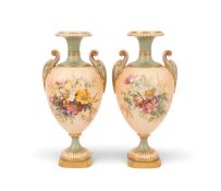 A pair of Royal Worcester vases, date code for 1900, of shape 1969, painted in the manner of Edward 