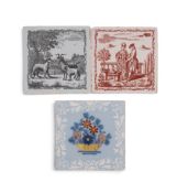Three delftware tiles, c.1760-80, one Liverpool and printed in black by Guy Green with the fable of 
