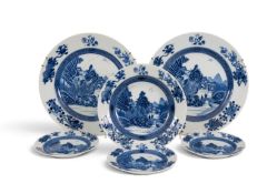 Six Chinese porcelain armorial blue and white plates, 2nd half 18th century, the wells painted with 