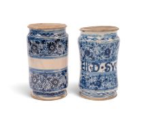 Two North Italian maiolica apothecary jars or albarelli, 1st half 17th century, of slightly waisted 