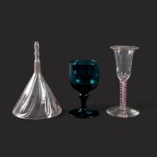 Two wine glasses and a wine funnel, late 18th century, one green glass with a moulded round bowl ove
