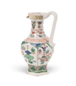 A Chinese hexagonal ewer, Kangxi 1662-1722, the baluster body painted in famille verte enamels with 