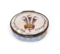 An English patch box of Royal commemorative interest, early 19th century, the oval form painted with