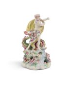 A Derby figure of Neptune, c.1760, standing in dramatic pose before a mythical dolphin, raised on a 