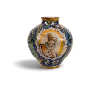 A Venice maiolica double portrait jar (vaso a palla), c.1560-70, of bombola form, one side painted w