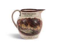 A rare pearlware commemorative jug, c.1812-13, printed and coloured with a dramatic scene titled 'Co