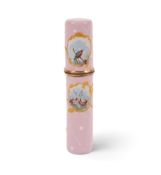 A Bilston enamel etui, c.1760, the cylindrical form painted with panels containing a peacock and oth