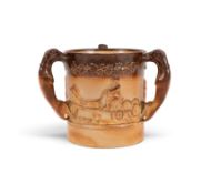 A brown salt-glazed stoneware advertising tyg, c.1830-40, sprigged with a figure beside a barrel ins