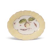 A Derby dessert dish, c.1760, the well painted with an apple on a twig with two leaves, amidst colou