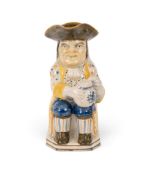 A good Pratt ware Toby jug, c.1790-1800, his coat patterned with blue stars and ochre swirls, with b