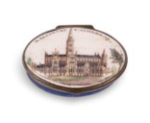 An English enamel topographical snuff box, c.1790, the oval form printed and hand-coloured with a ti