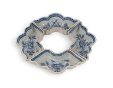 Four delftware hors d'oeuvres dishes, mid 18th century, probably Liverpool, of narrow fan-shaped for