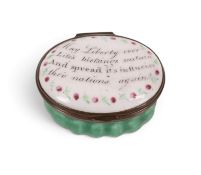 An English enamel commemorative patch box, c.1790-1800, the oval top inscribed 'May Liberty ever Lif
