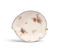 A large Bow leaf dish, c.1758-60, the deep form well painted with sprays of flowers and single scatt