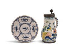 A large Delft pewter-mounted tankard, early 19th century, the baluster body painted in polychrome en