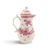 A rare Worcester coffee jug and cover, c.1770, the reeded form painted in puce with Oriental floweri